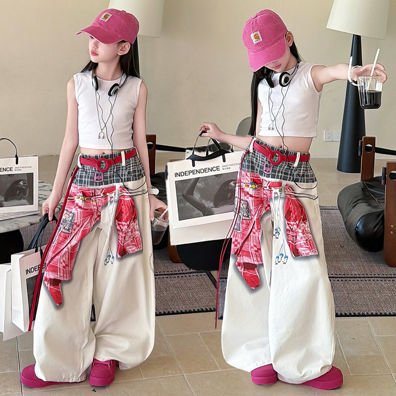 美式复古弯刀阔腿裤拼色女童爵士儿童酷飒走秀演出服白色背心露脐,童装/婴儿装/亲子装,儿童演出服,淘宝优惠券,粉丝福利购,淘宝优惠卷