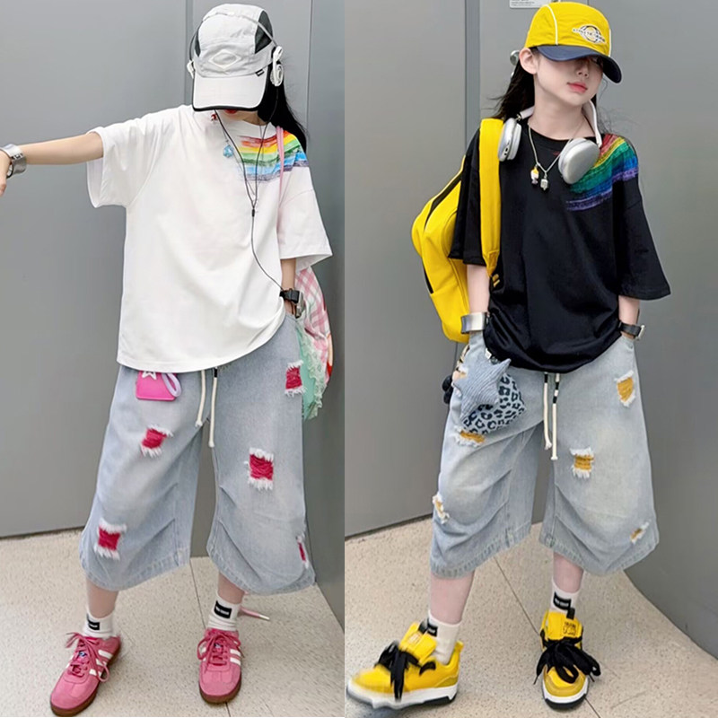 美式彩虹条大版T恤破洞牛仔裤女童爵士街舞服儿童时尚个性走秀服