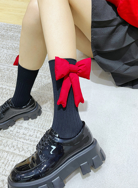 黑色蝴蝶结袜子新年红色过年中长筒纯棉秋冬保暖甜美学院风半腿袜