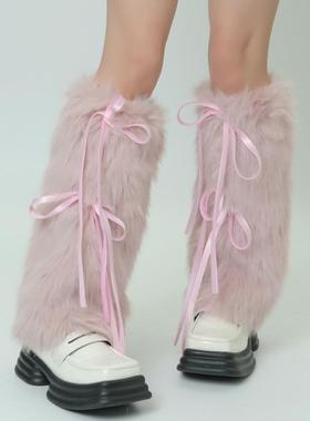 y2k亚文化白色毛毛袜套保暖加厚秋冬日系粉色辣妹仿兔毛腿套个性