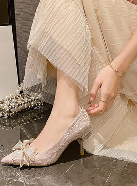 ZHR尖头蝴蝶结高跟鞋女2023新款婚鞋法式气质单鞋百搭水钻新娘鞋