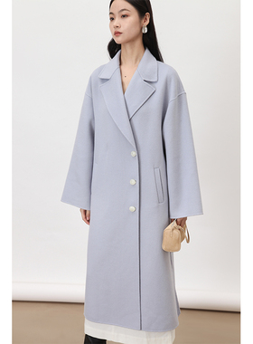 清仓不退/Rowi 雾里淡阔袖紫羊绒羊毛双面呢腰带大衣