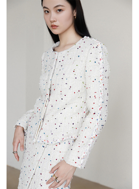 清仓不退/2折起 Rowi 手毛球粗花呢白色外套四季可穿开叉半身裙