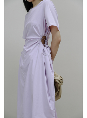 Rowi/casa162  2色ri本进口面料镂空腰部短袖版中长款连衣裙女 夏