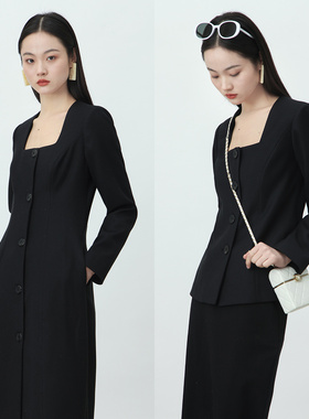Rowi 日本斜纹精纺轻复古方领黑色抗皱显瘦长短款西装 风衣外套女