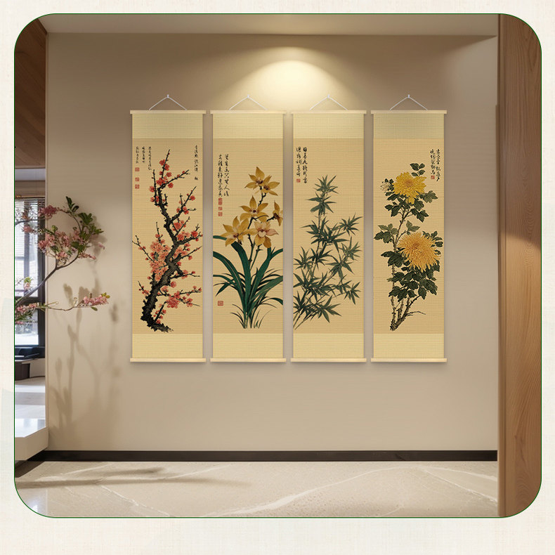 竹帘挂画梅兰竹菊卷轴画新中式花鸟禅意装饰画茶室家居墙壁竹编画,家居饰品,现代装饰画,淘宝优惠券,粉丝福利购,淘宝优惠卷