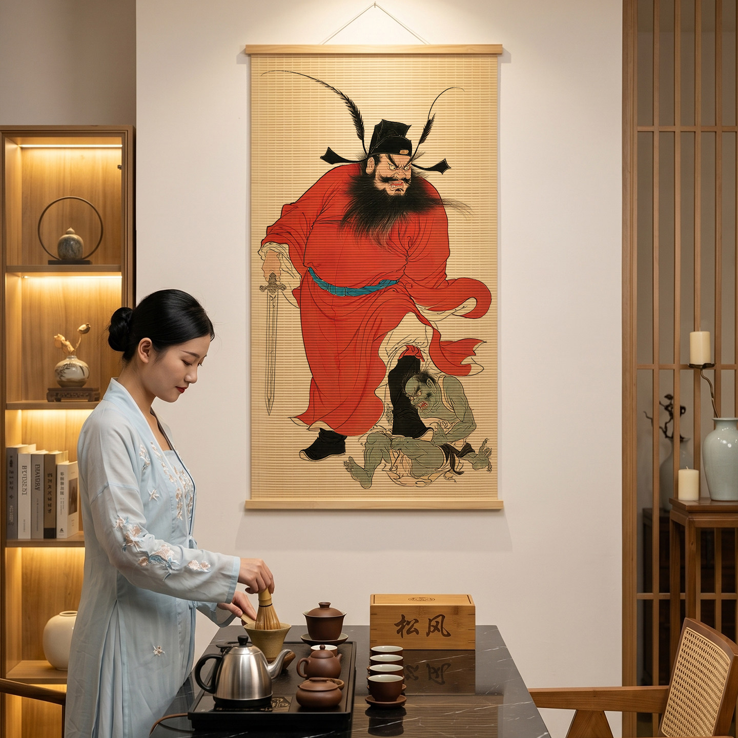 钟馗挂画客厅入户玄关装饰画茶室中式竹画中堂佛像免打孔定制画