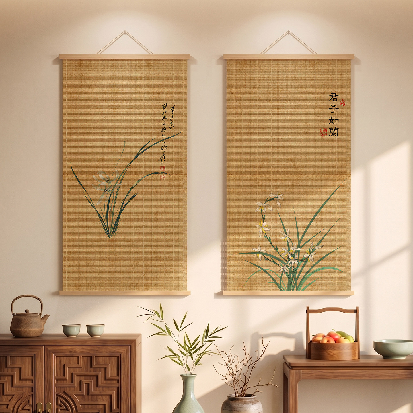 中式竹帘挂画玄关背景墙竹片装饰画复古卷轴竖版竹艺画禅意茶室画