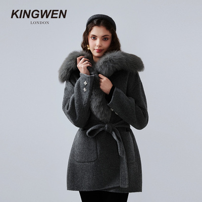 KINGWEN冬季狐狸毛领短羊毛大衣