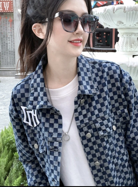 PNJ 2025新款棋盘格长袖牛仔休闲时尚韩系潮牌外套下单备注尺码