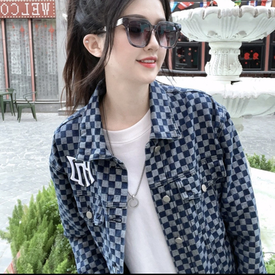 PNJ 2025新款棋盘格长袖牛仔休闲时尚韩系潮牌外套下单备注尺码