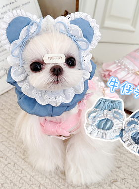 宠物猫狗长毛犬小马约克夏吃饭防脏蕾丝花边耳朵头套可爱比熊拍照