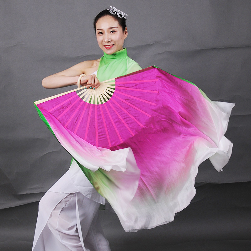 真丝咏荷舞蹈扇子双面双色加长跳舞扇渐变色彩扇演出胶州秧歌扇子