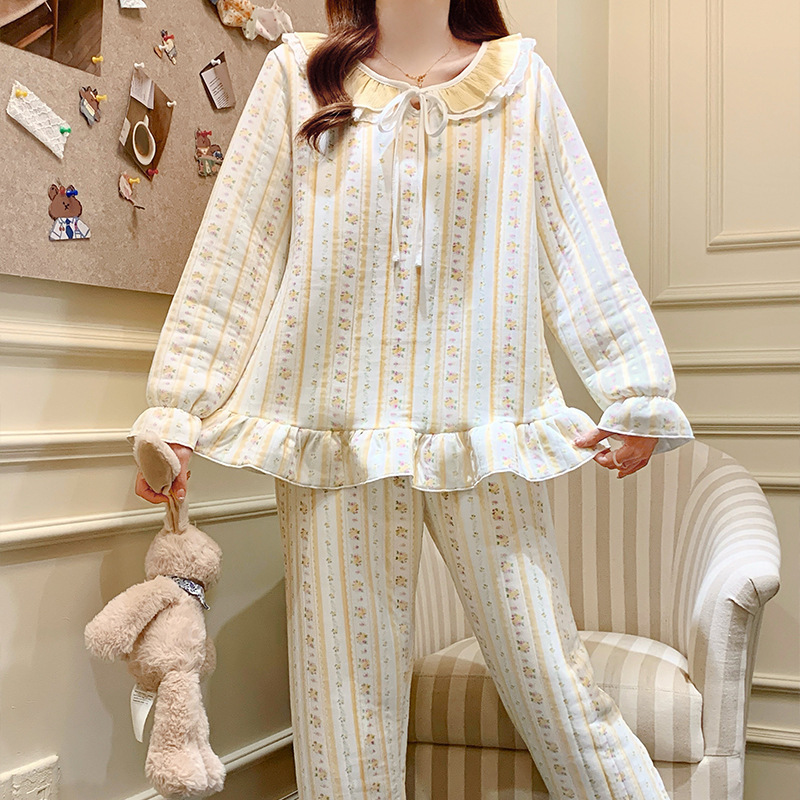 喔密哒秋冬季新款田园碎花夹层保暖仿棉睡衣套装女士可外穿 - 封面