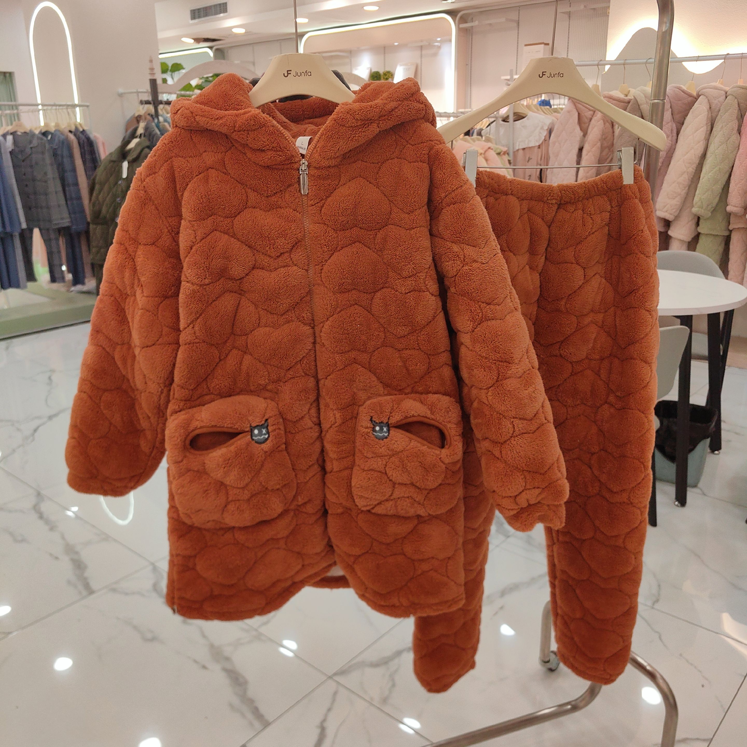 韩秀海狸绒夹棉睡衣女冬季加厚保暖连帽可爱可外穿家居服套装特价
