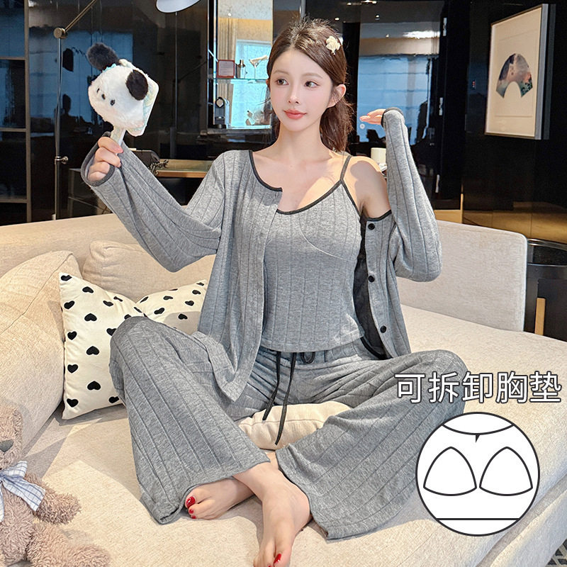 喔密哒春秋新款长袖吊带三件套羊绒棉性感甜美家居服睡衣女带胸垫