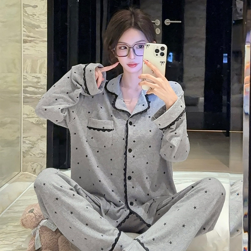 喔密哒秋季睡衣女款高级感长袖长裤羊绒提花棉外穿保暖家居服套装
