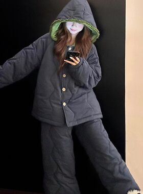 韩系高级感收腰棉服睡衣女冬季新款加厚保暖夹棉家居服套装可外穿