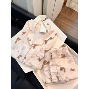 家居服套装 可爱米白小熊长袖 亲肤棉纱开衫 新款 可外穿 睡衣女春秋季