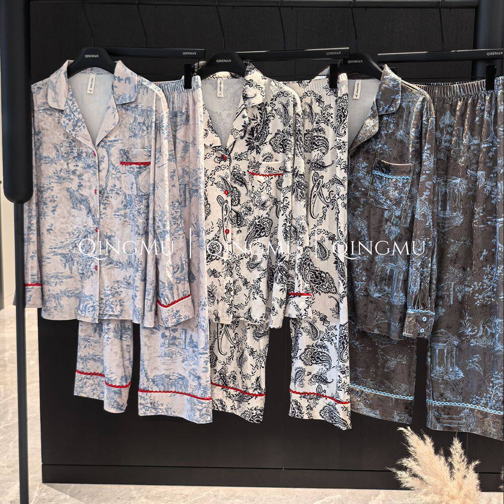 倾慕秋冬金丝绒家居服套装女风景印花撞色包边秋冬居家两件套睡衣
