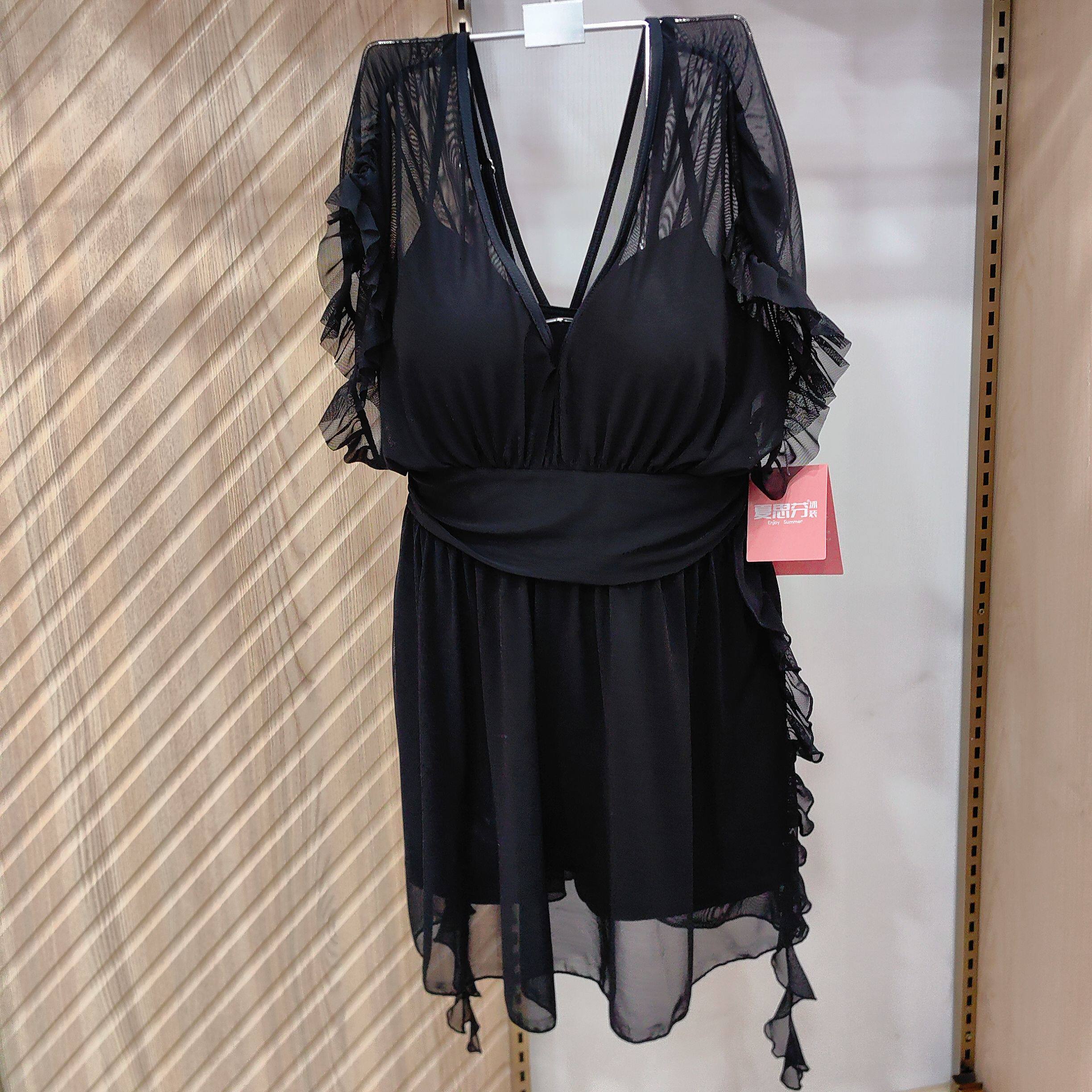 夏思芬新款女士连体裙子游泳衣黑色网纱短袖钢托聚拢性感时尚泳装