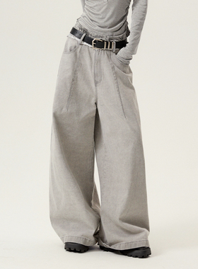 VCR STUDIO美式复古做旧水洗灰牛仔裤秋冬男女廓形休闲垂感弯刀裤