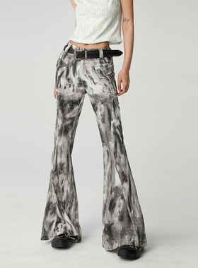 VCR STUDIO新中式水墨扎染工装美式辣妹喇叭裤女薄款设计感裤子