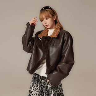 VCR STUDIO 咖色兔毛皮毛一体机车皮衣加厚保暖立领短外套秋冬女