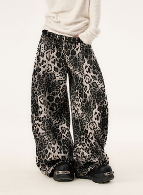 VCR STUDIO 加绒保暖美式街头弯刀裤豹纹裤复古阔腿裤秋冬街舞裤