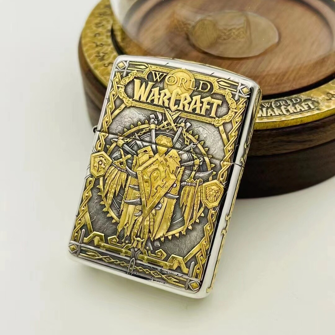 正版ZIPPO煤油打火机 纯银限量盔甲蚊版手工浮雕24K金魔兽世界