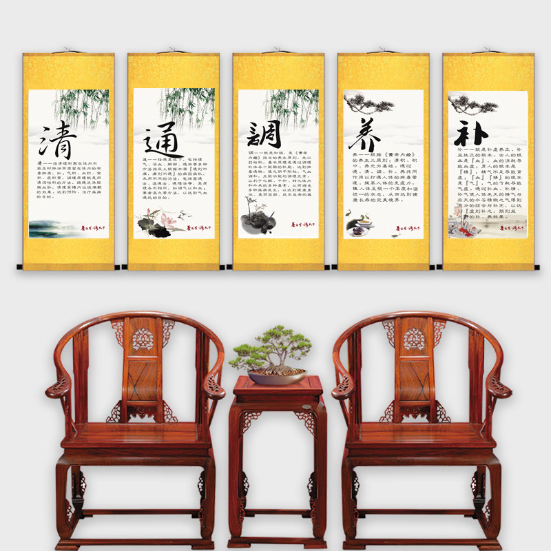 养通清调补挂图丝绸画中医卷轴画养生馆美容院足浴推拿店装饰挂画