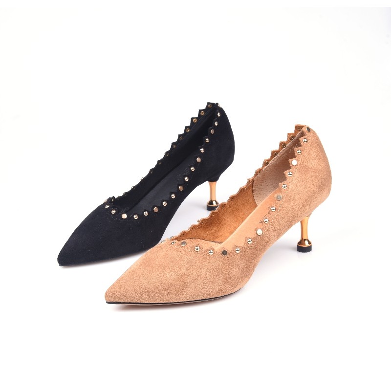36-37牛皮绒面 ZUSE轻熟钉浅口单鞋女细跟尖头高跟气质时尚款优雅,女鞋,浅口单鞋,淘宝优惠券,粉丝福利购,淘宝优惠卷
