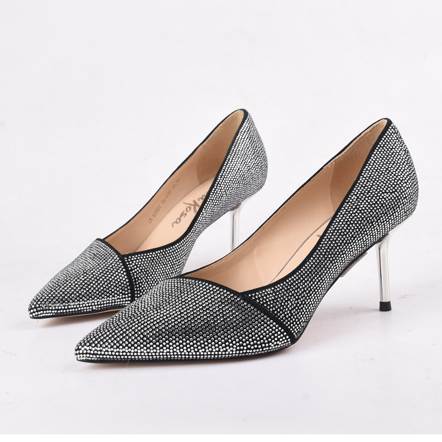 恋尚萝莎亮片黑色细跟女鞋