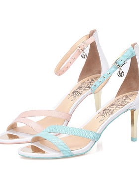 34-39羊皮Linea Rosa恋尚萝莎 粉色蓝色双带气质凉鞋女士夏季高跟