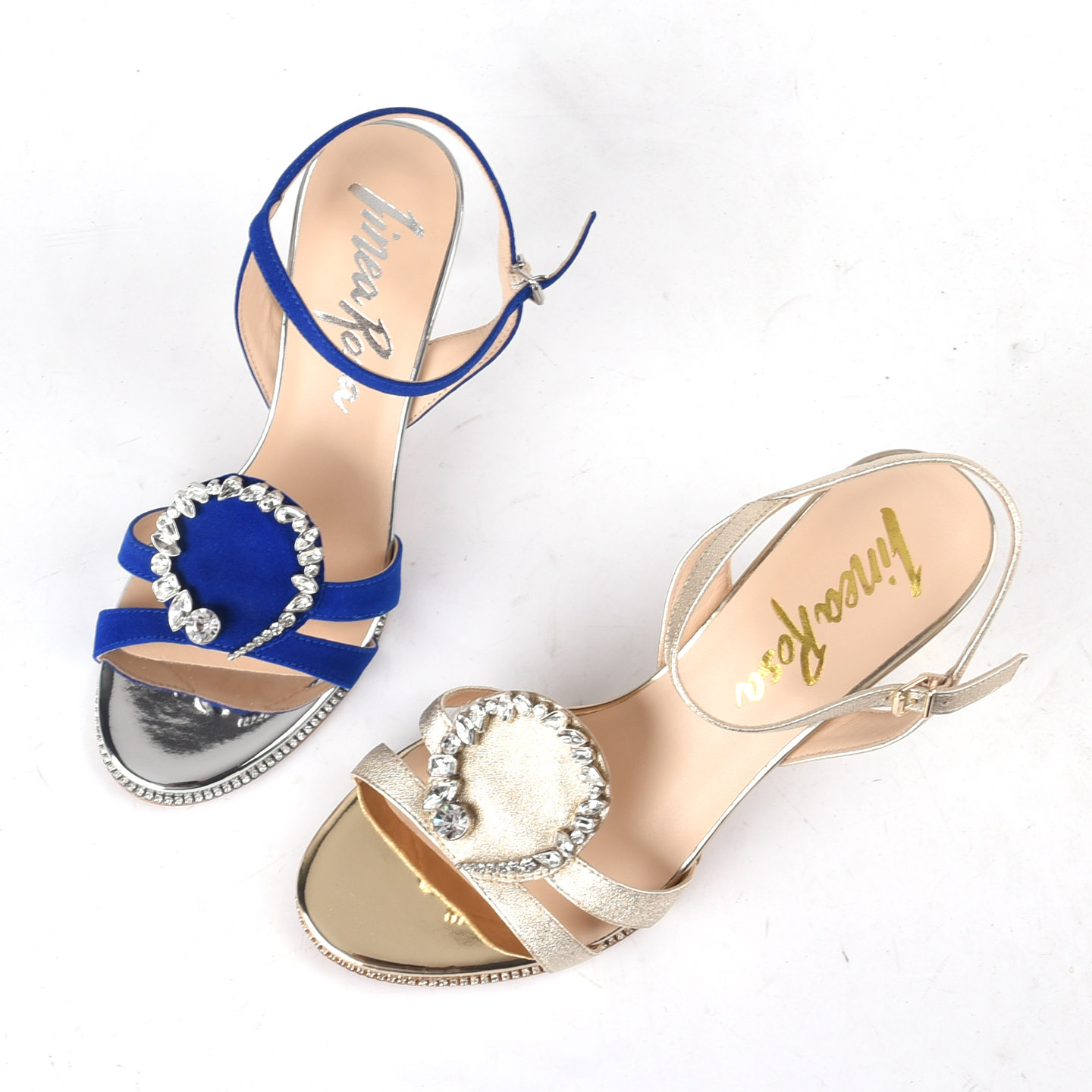 恋尚萝莎真皮蓝色水钻高跟女凉鞋