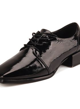 36/38头层牛皮shellys英国 银色漆皮英伦小皮鞋低跟方头系带单鞋