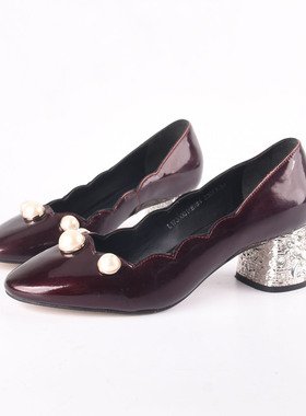 法式珍珠装饰浅口单鞋女粗跟漆皮方头通勤百搭高跟鞋