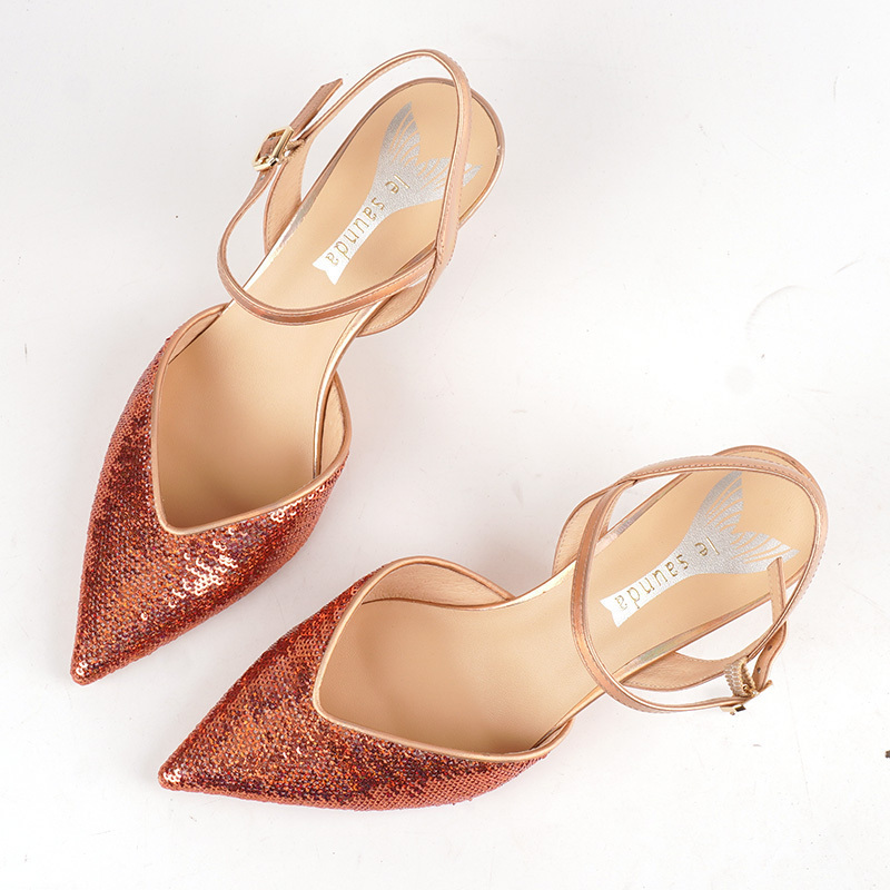 高跟包头亮片莱尔斯丹玫瑰金凉鞋