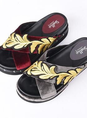 35-39丝绒布 Shellys英国 新中式刺绣女夏外穿厚底交叉凉拖鞋灰色