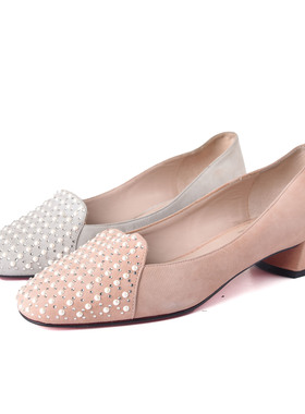 法式珍珠水钻浅口单鞋女粗跟方头舒适百搭通勤鞋真皮平底鞋春秋