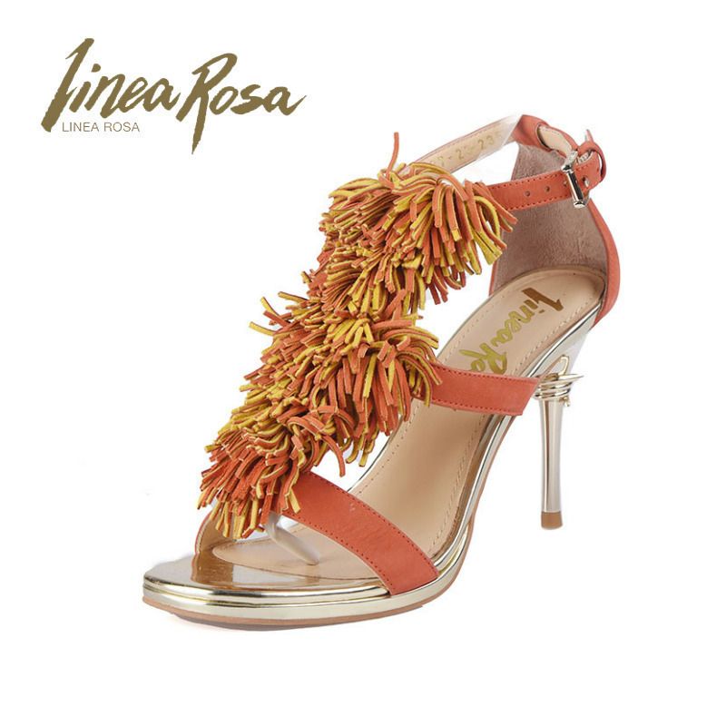 恋尚萝莎羊皮流苏橘色凉鞋细高跟