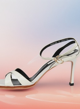 37/39牛皮Shellys白色漆皮性感细跟超高跟模特露趾浅口气质女凉鞋