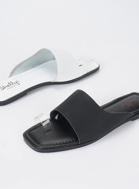 头层牛皮shellys英国 黑色白色平底凉鞋夏天套趾凉拖鞋女外穿透明