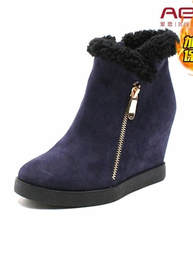38 牛皮Aee爱意 短靴保暖加绒蓝色紫色毛毛拉链坡跟内增高跟雪地