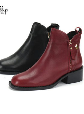 36/38头层牛皮shellys猪皮里 酒红女新秋冬鞋瘦瘦靴拉链绑带短靴