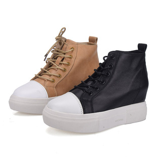 37头层牛皮ZUSE女新款坡跟白底老爹运动松糕高帮厚底内增高短靴