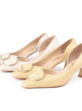 头层牛皮34-38恋尚萝莎Linea Rosa 米色浅口单鞋女中跟鞋法式中空