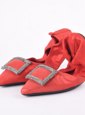 布纹羊皮水钻方扣平底单鞋女浅口名媛风气质百搭舒适芭蕾鞋真皮