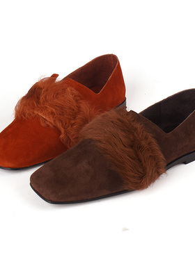 羊皮猪皮里shellys英国35-39焦糖色橘色新款毛毛鞋平底单鞋乐福鞋