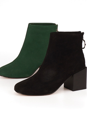 胎牛皮shellys英国35-39墨绿色猪皮里瘦瘦靴粗方跟绒面磨砂短靴女